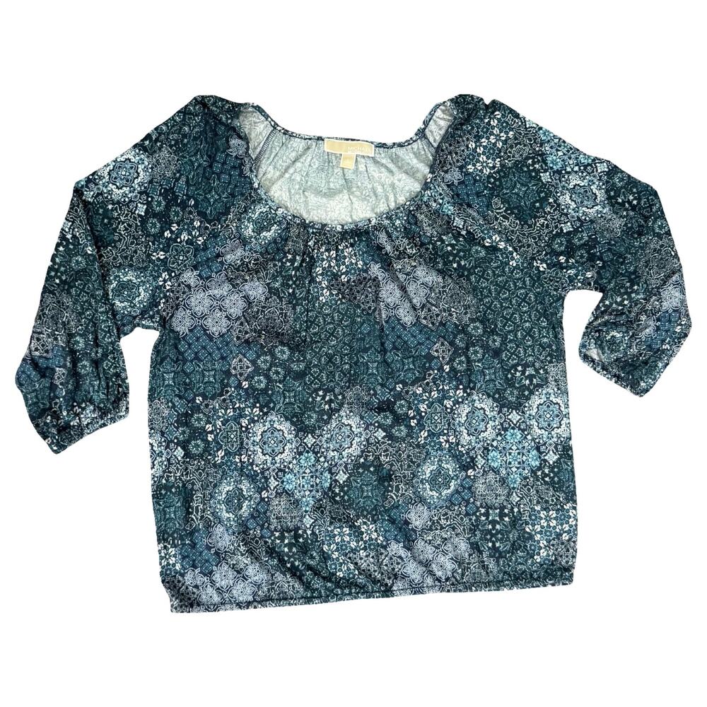 Michael Kors Blue Paisley Floral Scoop Neck Bracelet Sleeve Blouse Top size L - Picture 3 of 10